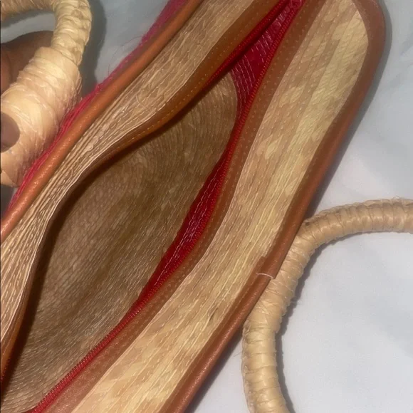 Vibrant Red and Tan Woven Tote with Basket Shape - Picture 4 of 6